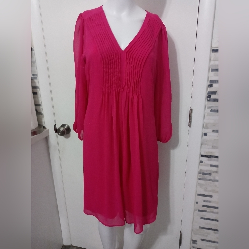 Calvin Klein Barbie Pink Pleated V Neckline Balloon sleeve Knee length Dress 8